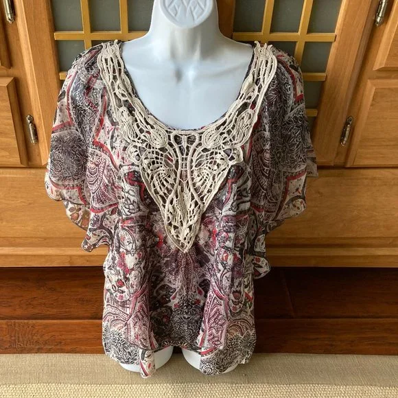 Style & Co. Print Crochet Flutter Sleeved Blouse Large - Picture 1 of 5